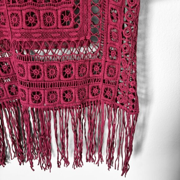 Active Crochet Fringe Burgundy Tank Top Womens Small Boho Festival Retro 70s - Picture 4 of 13